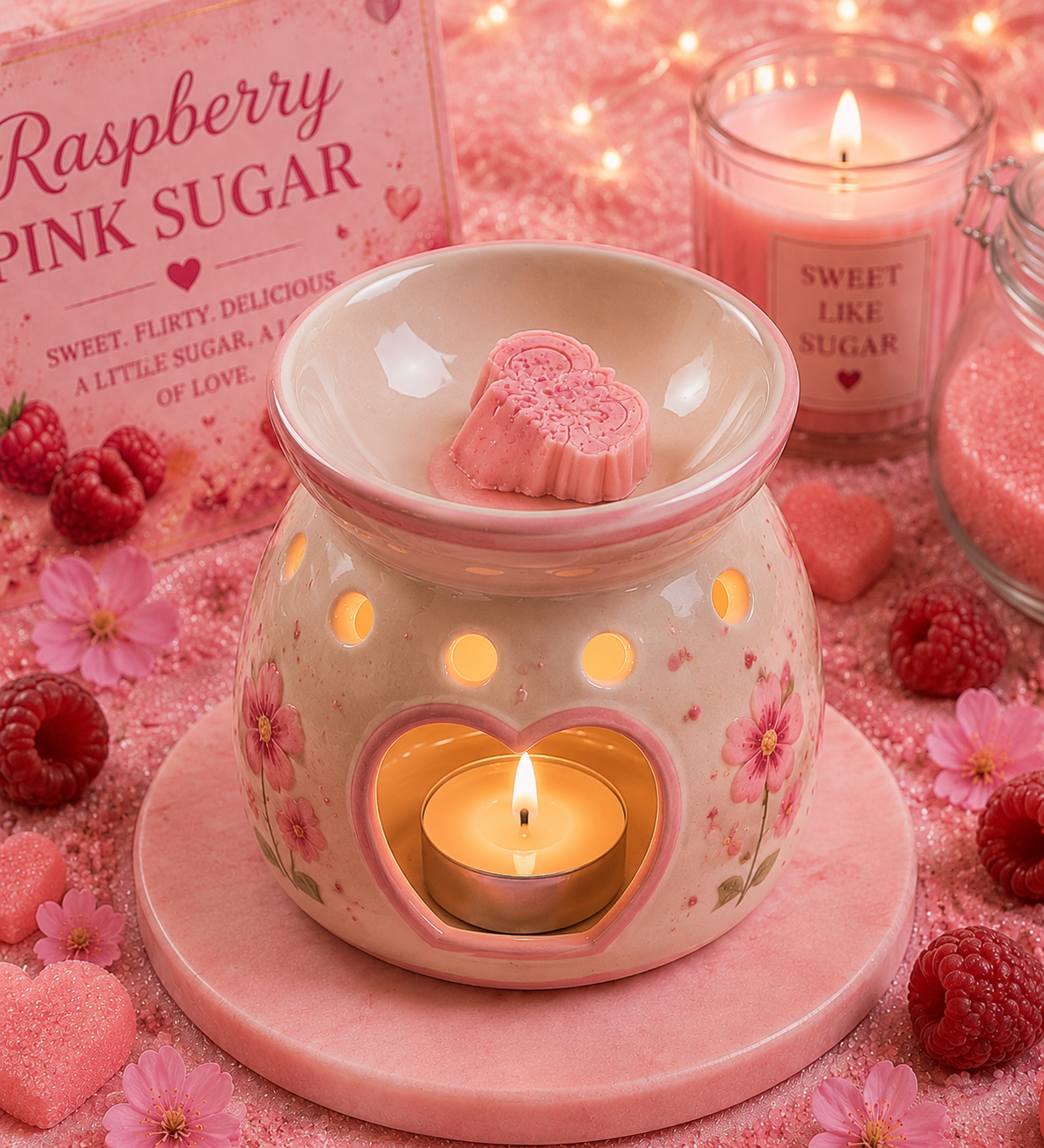 A piece of pink wax melt in burner surrounded by raspberry and sugar decor.