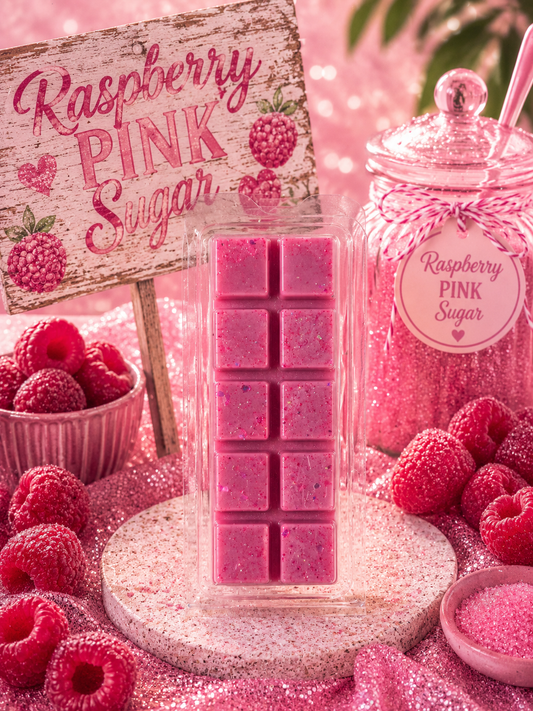 Pink raspberry-scented wax melts with a sign and berries on a pink background