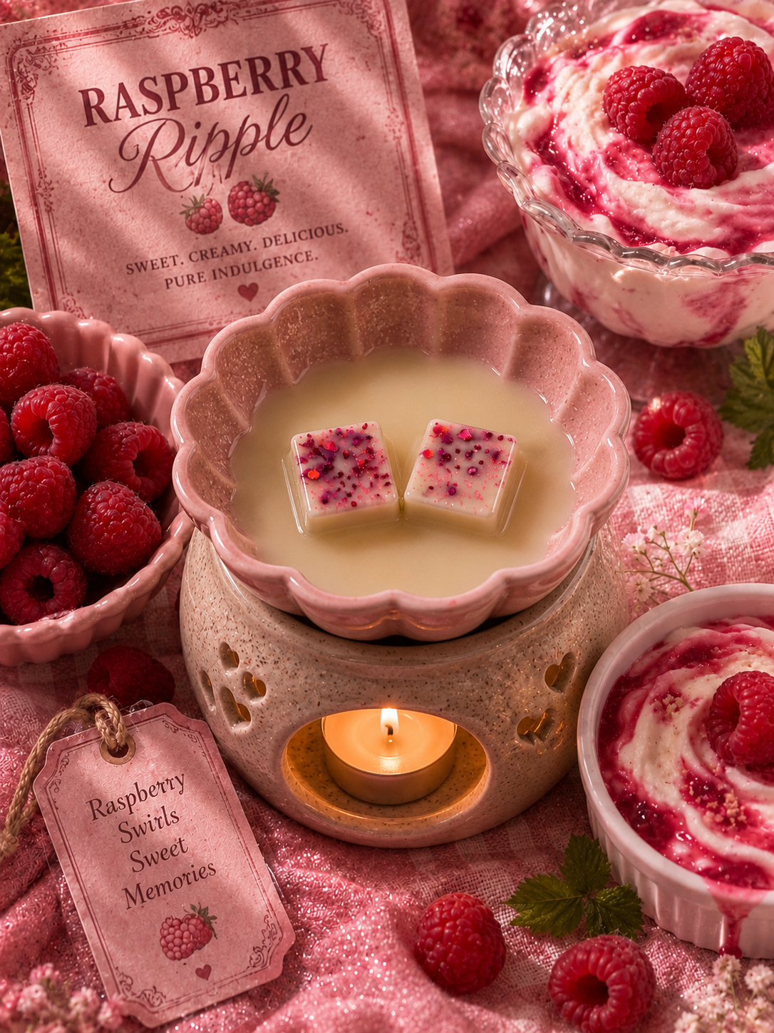 A styled product scene for a raspberry-themed wax melts. The central subject is a pink scalloped bowl containing pale creamy wax with two square candles topped with raspberry pieces, placed over a lit tealight candle holder.