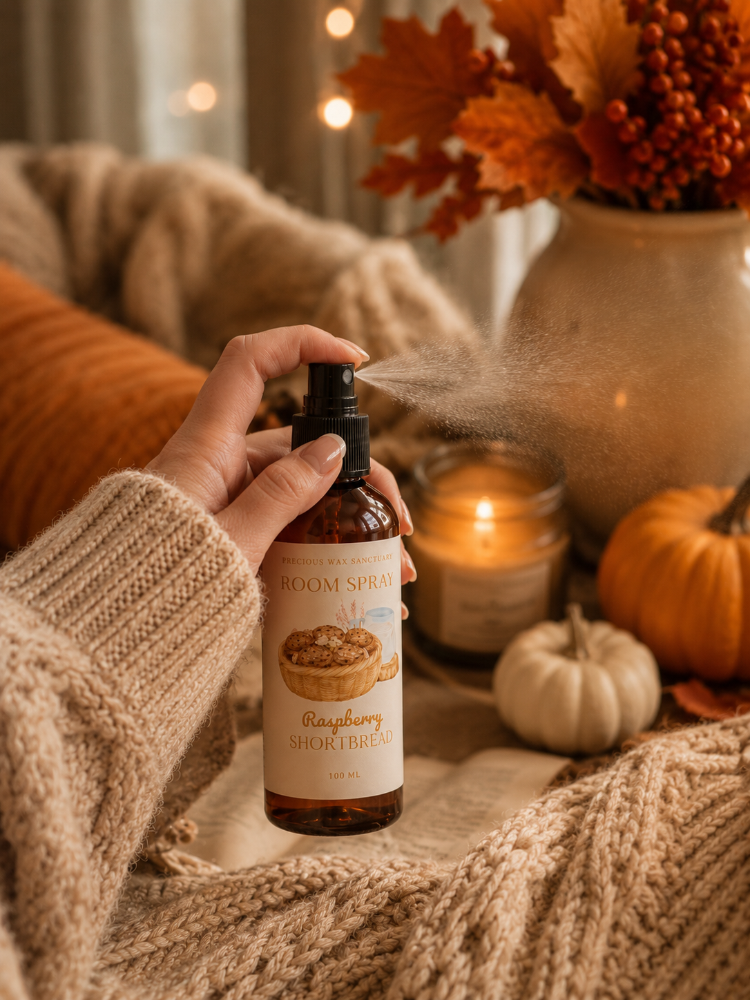 A hand wearing a beige knit sweater sprays a room spray bottle labeled 'Grapeberry Shortbread' in a cozy autumn-themed setting with pumpkins, a candle, and warm string lights.