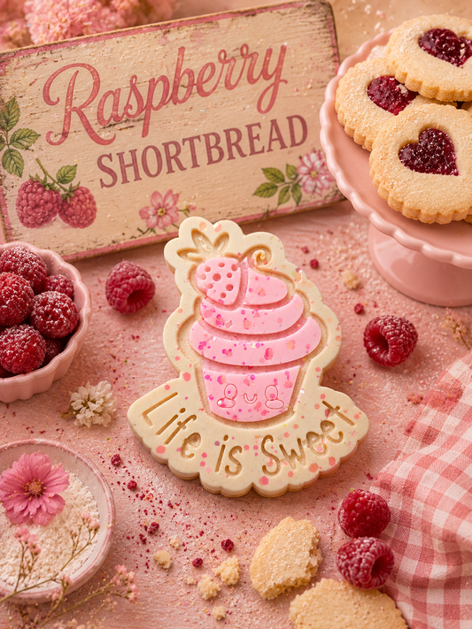Decorative wax melt with 'Life is Sweet' text on a pink surface with raspberries and cookies.