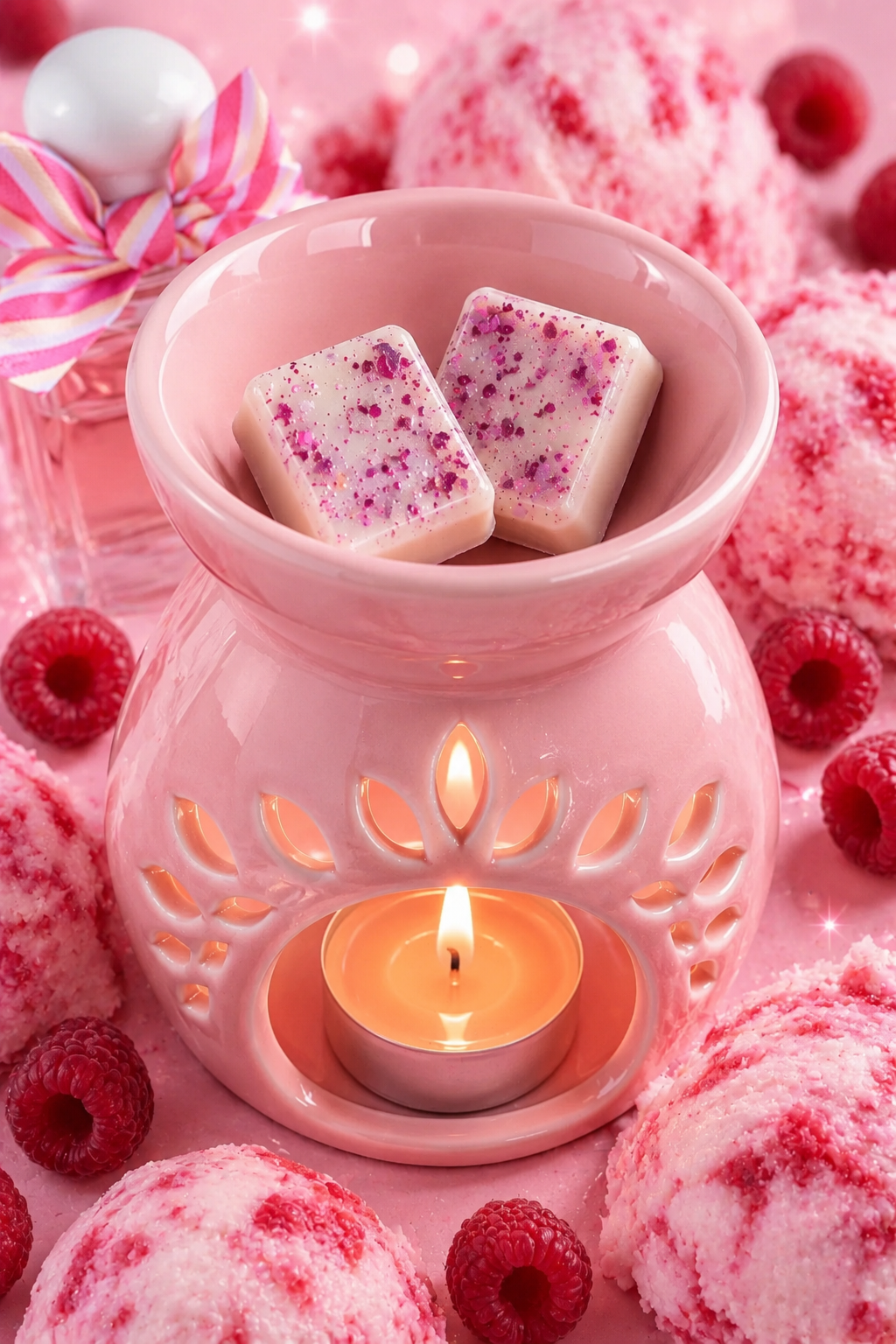 pink and white wax melts in burner with perfume and raspberry ripple background.