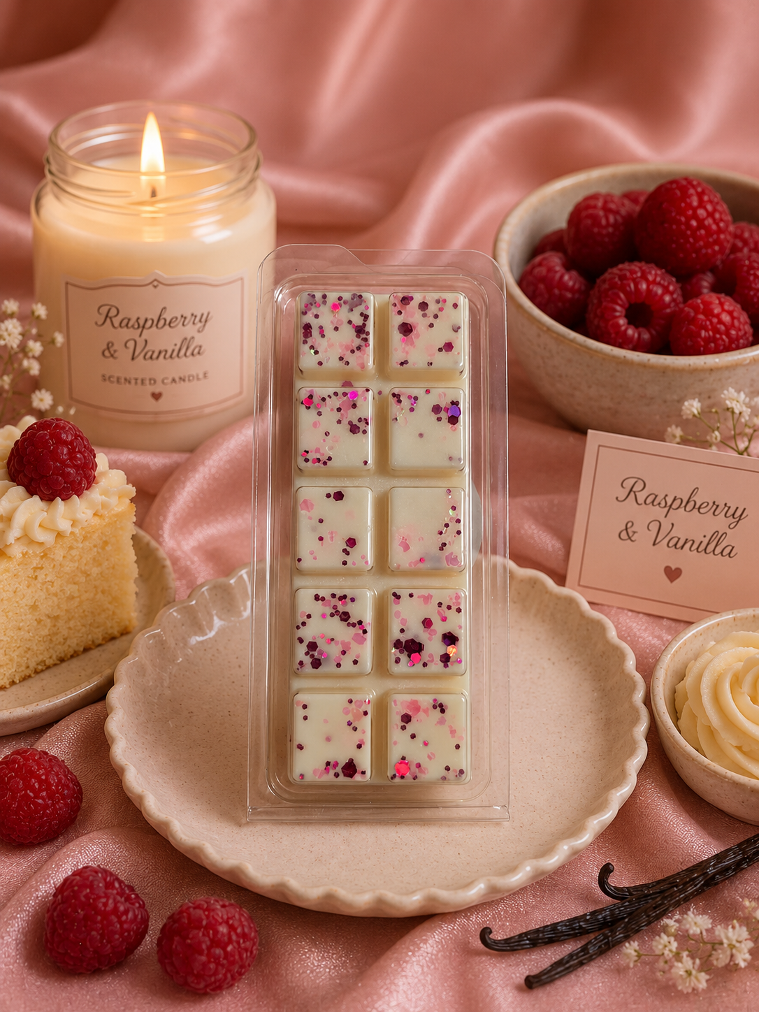 Raspberry and vanilla wax melt - themed product set with a lit candle, cake, and raspberries on a pink fabric background.
