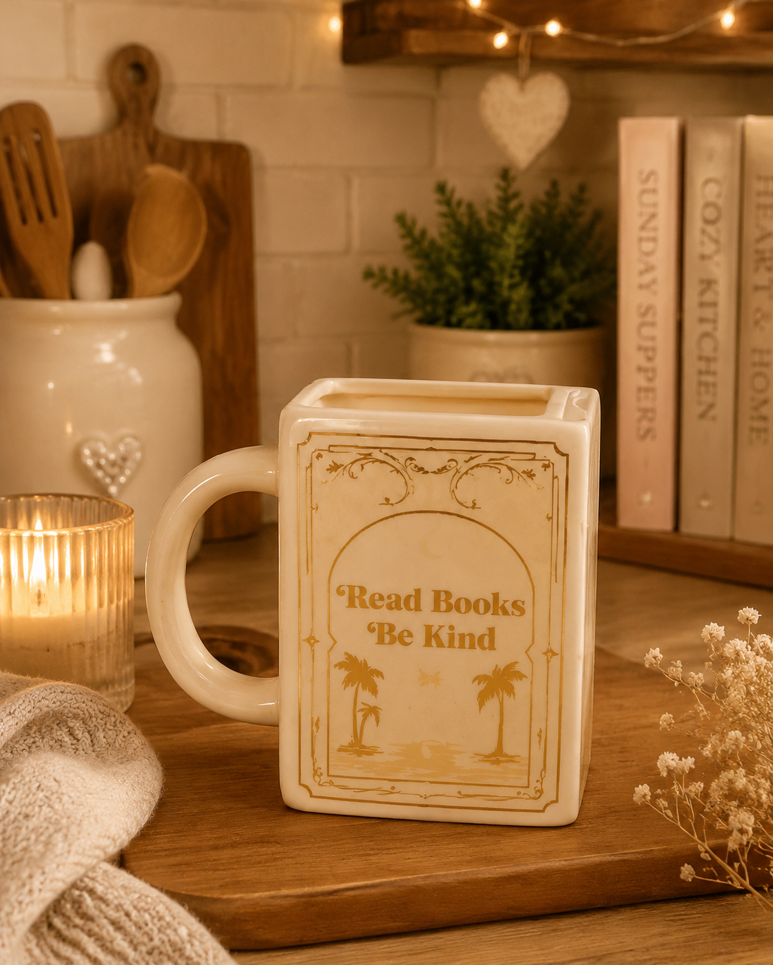 Cream mug read books be kind in kitchen