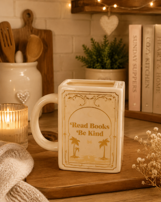 Cream mug read books be kind in kitchen