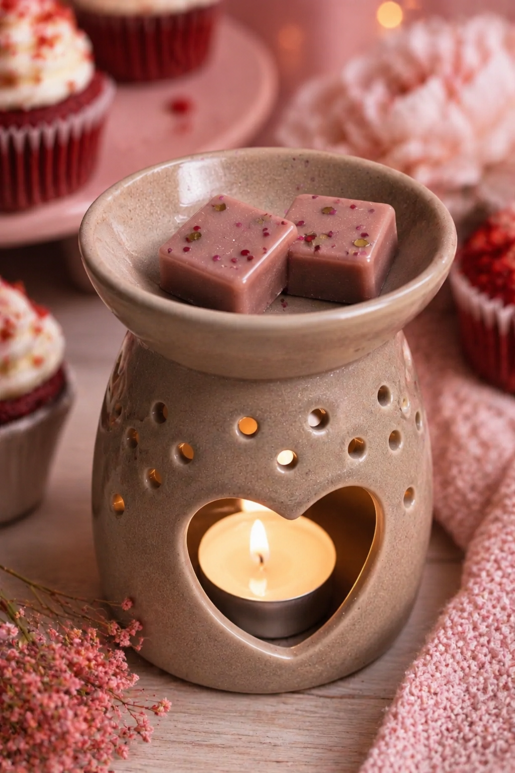 red velvet cake wax melts in burner with matching background theme.