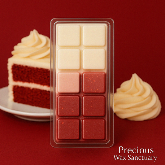 Red Velvet Cake Wax Melts featuring a rich, sweet aroma of moist red velvet cake with hints of creamy frosting and subtle cocoa undertones, evoking the indulgent scent of a freshly baked dessert.