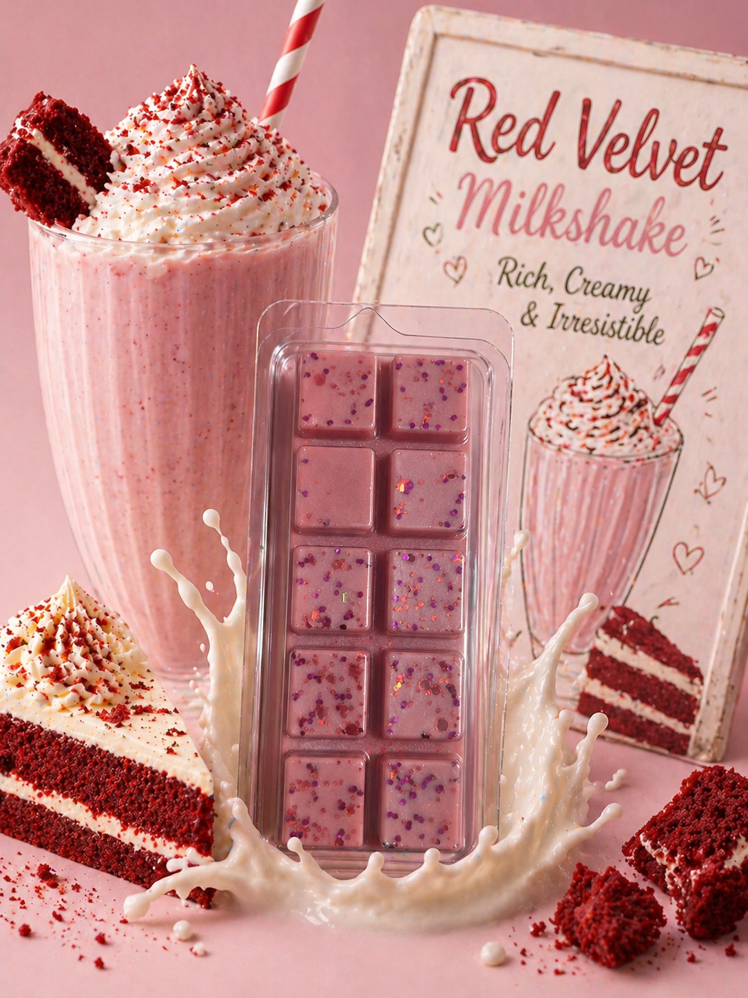 Red Velvet Milkshake wax melts with a milkshake and cake on a pink background