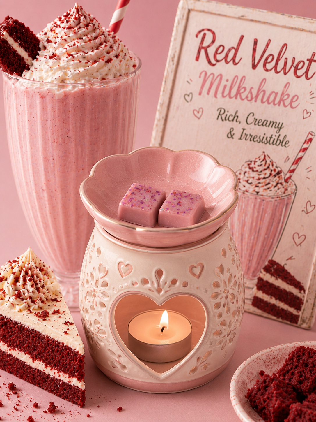 Red velver milkshake wax melts in burner with matching background theme.
