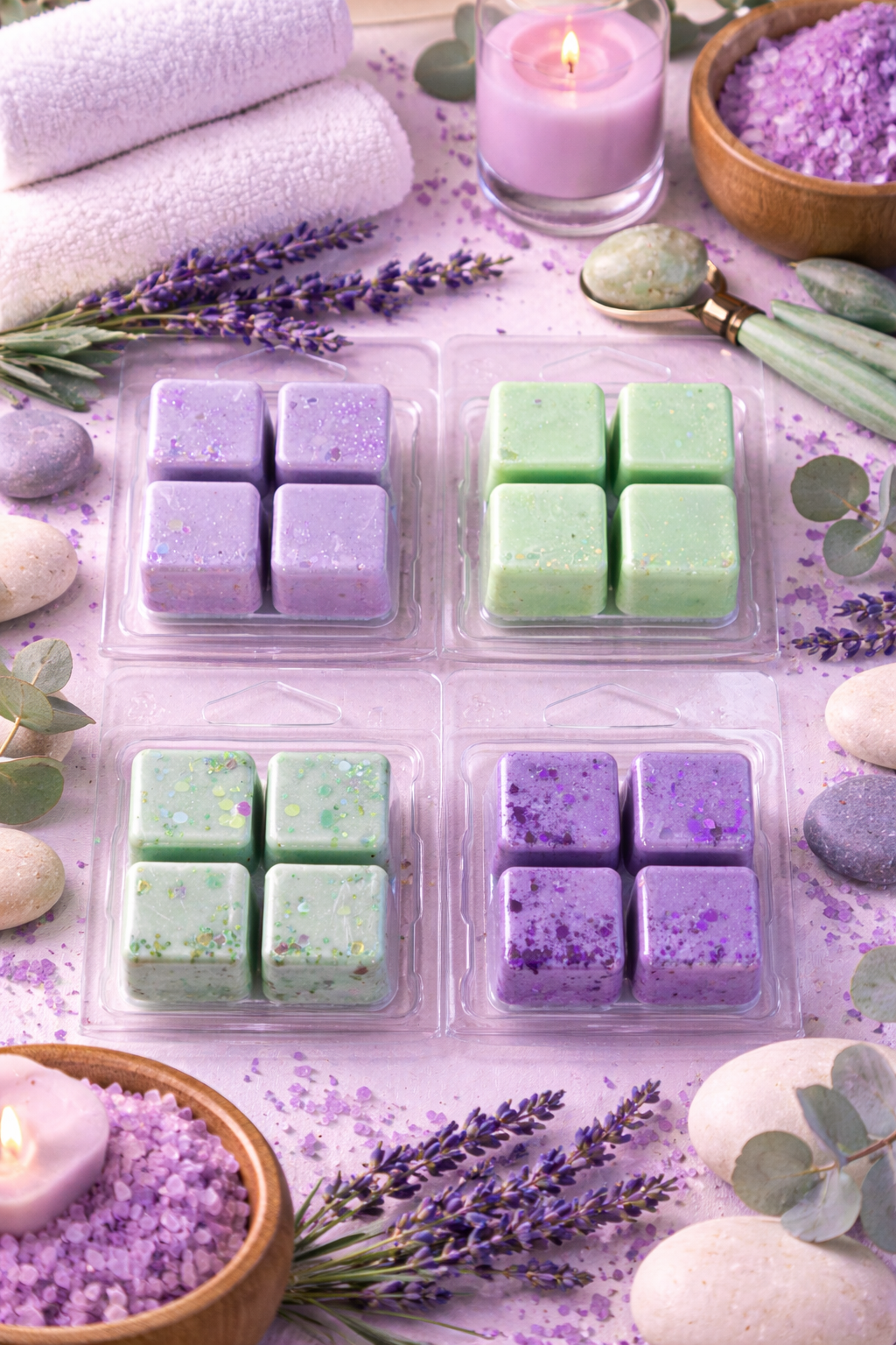 Packaged lavender-scented wax melts with lavender flowers and stones on a light background
