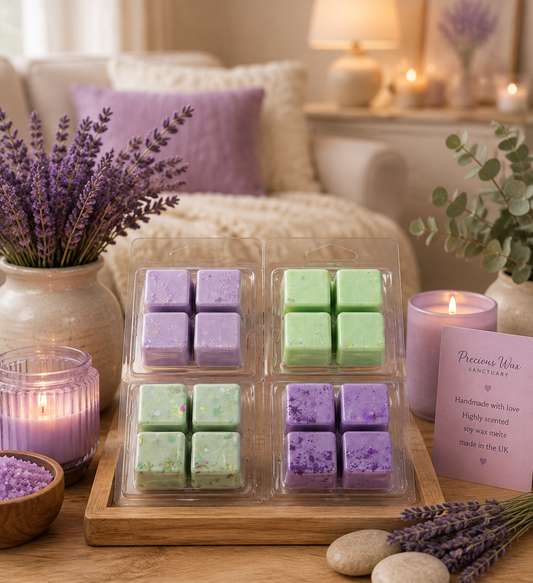 Relax and Unwind wax melt bundle 4 pack in home with lavender relaxing decor.