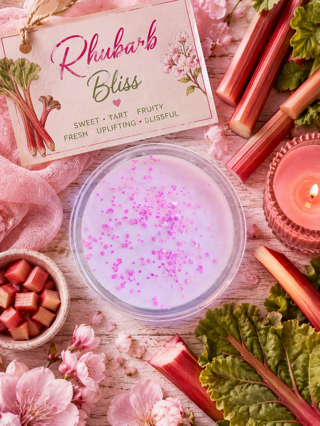 wax melt rhubarb-flavored product with rhubarb leaves, flowers, and a candle on a wooden surface.