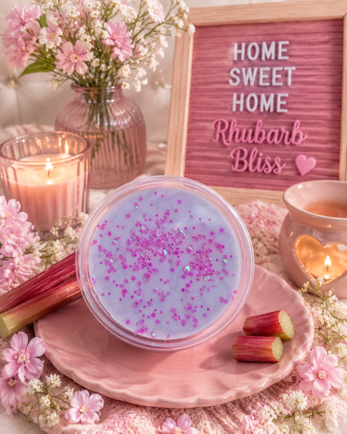 A round clear wax melt pot with lavender-colored wax and topped with pink glitter, displayed on a pink plate with rhubarb stems and flowers. A pink letter board in the background reads 'HOME SWEET HOME Rhubarb Bliss'.
