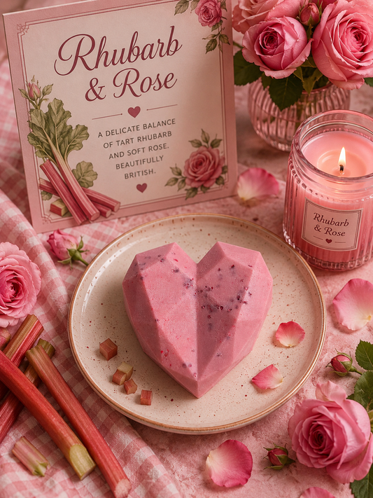Rhubarb and rose wax melt surrounded by matching decor.