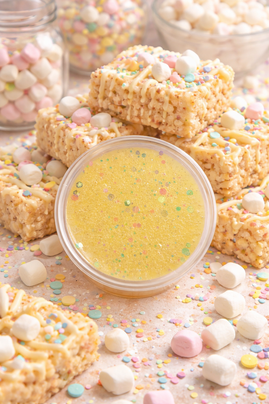 Rice Krispie treats gel wax melt and colorful glitter on a light background