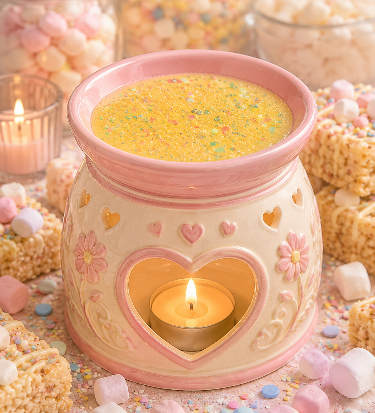 A pink and cream ceramic wax warmer candle holder with a heart-shaped cutout and floral details, filled with gel wax and a lit tealight candle, surrounded by marshmallows and rice crispy treats.