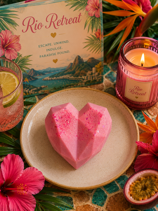 Pink heart wax melt surrounded by decor.