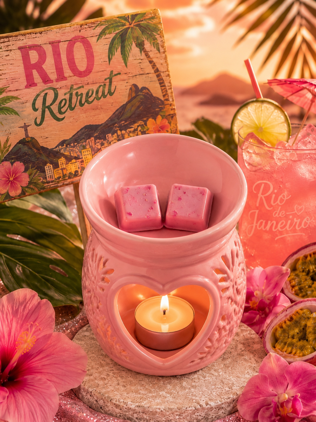Rio retreat wax melts in pink burner with summer background. 