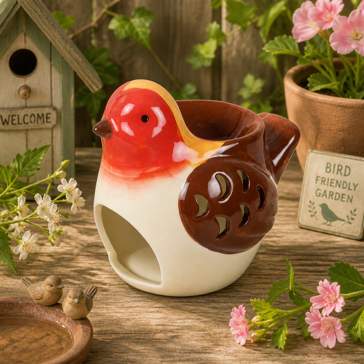 Robin wax burner in garden