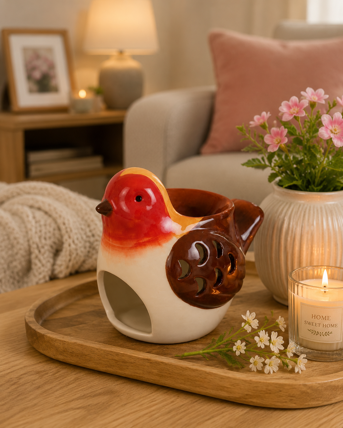 Robin shape wax burner in home with decor.