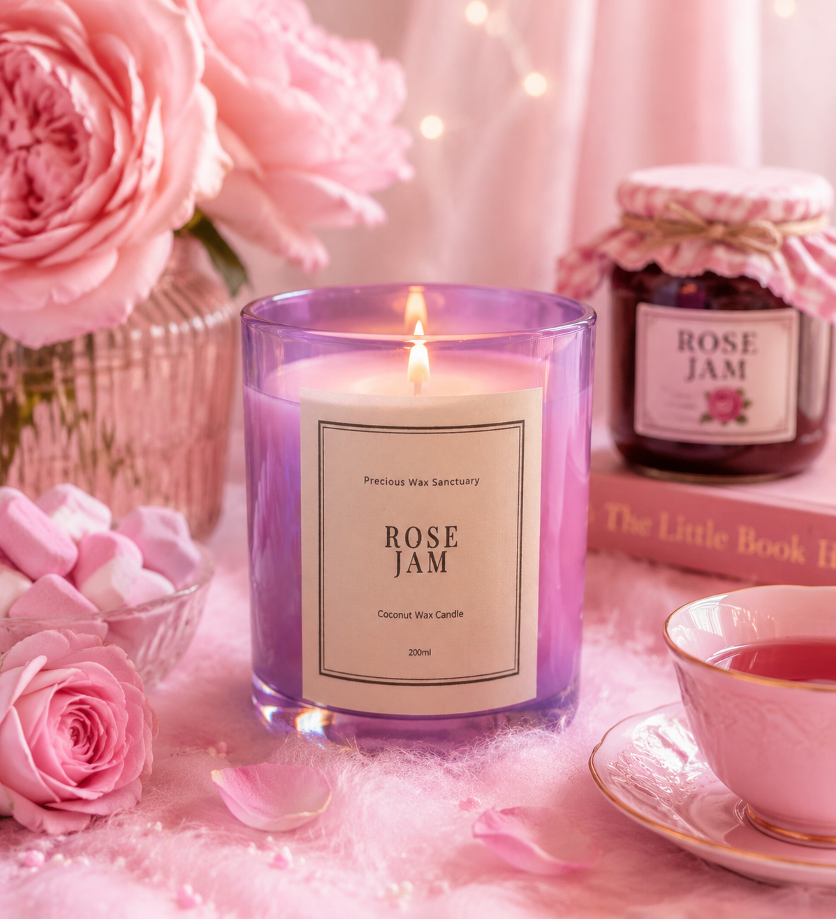 A lit purple glass jar candle labeled 'ROSE JAM' sits on a pink surface surrounded by pink roses, petals, a pink teacup, and a matching rose jam jar in the background.