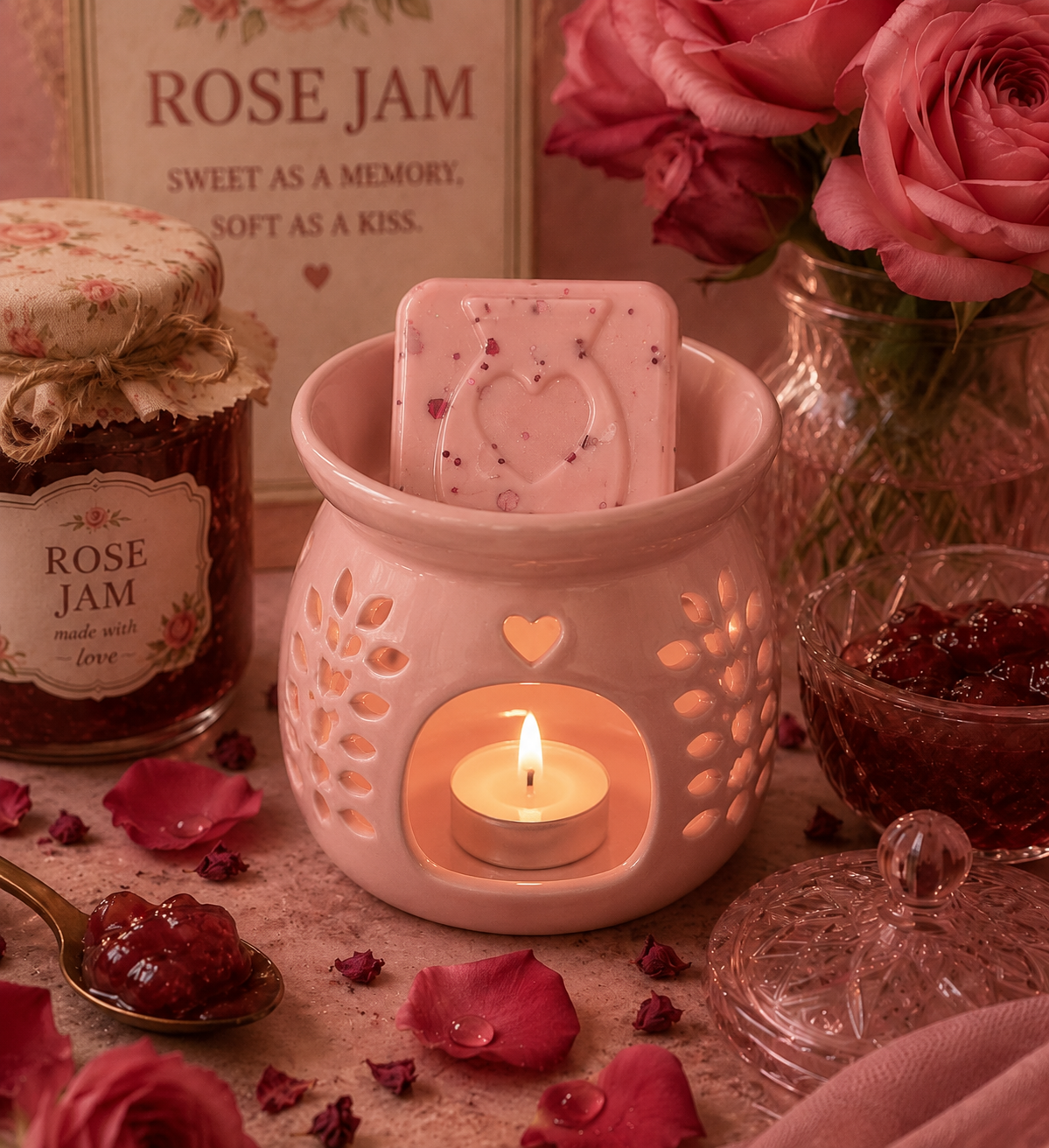 A pink ceramic rose-themed candle warmer with a lit tealight candle inside, topped with a wax melt. The scene is styled with pink roses, rose jam in a glass jar, scattered rose petals, and a romantic background with a framed print reading 'ROSE JAM'.