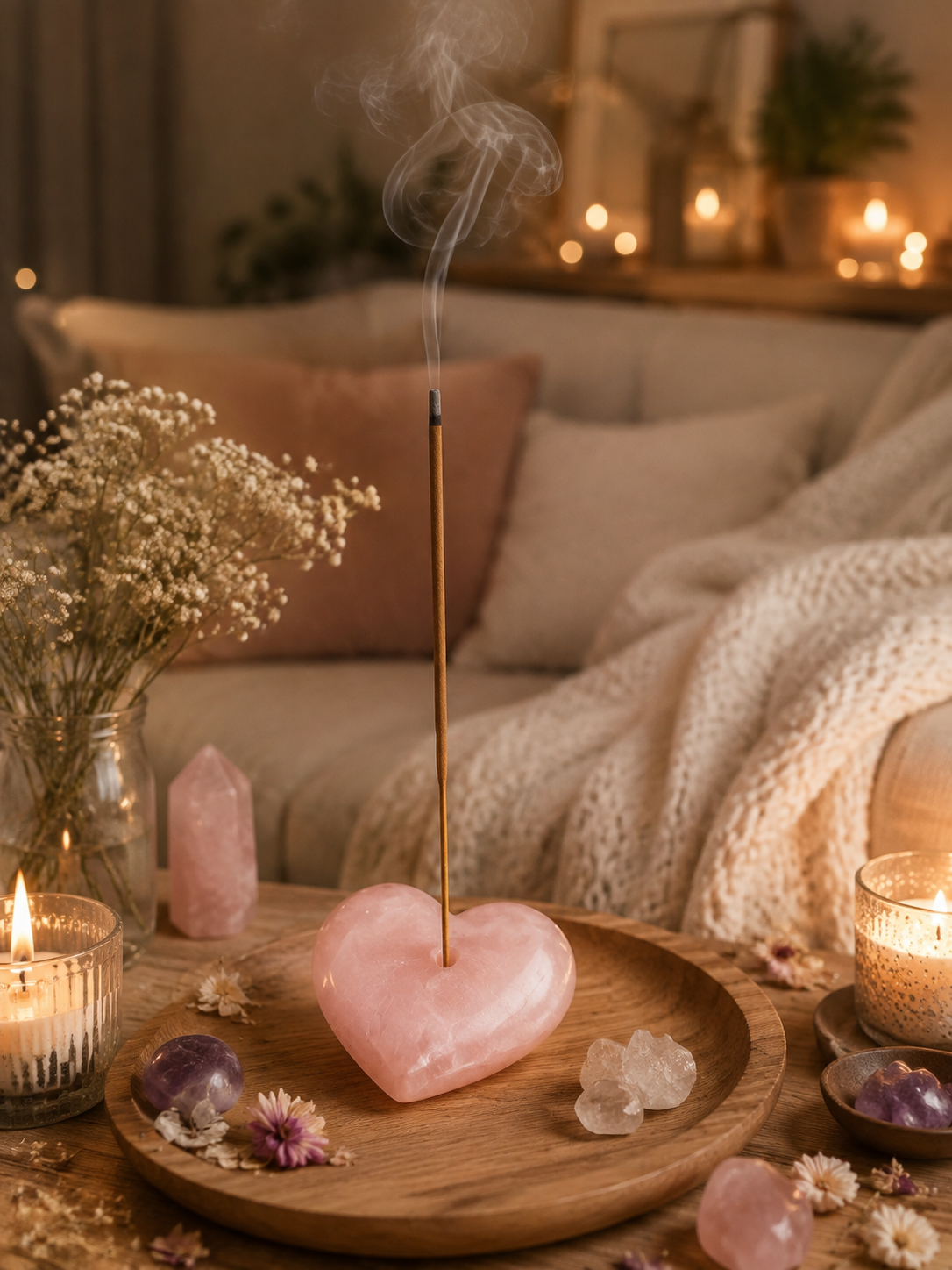 Heart rose quartz incense holder surrounded by crystal and incense.