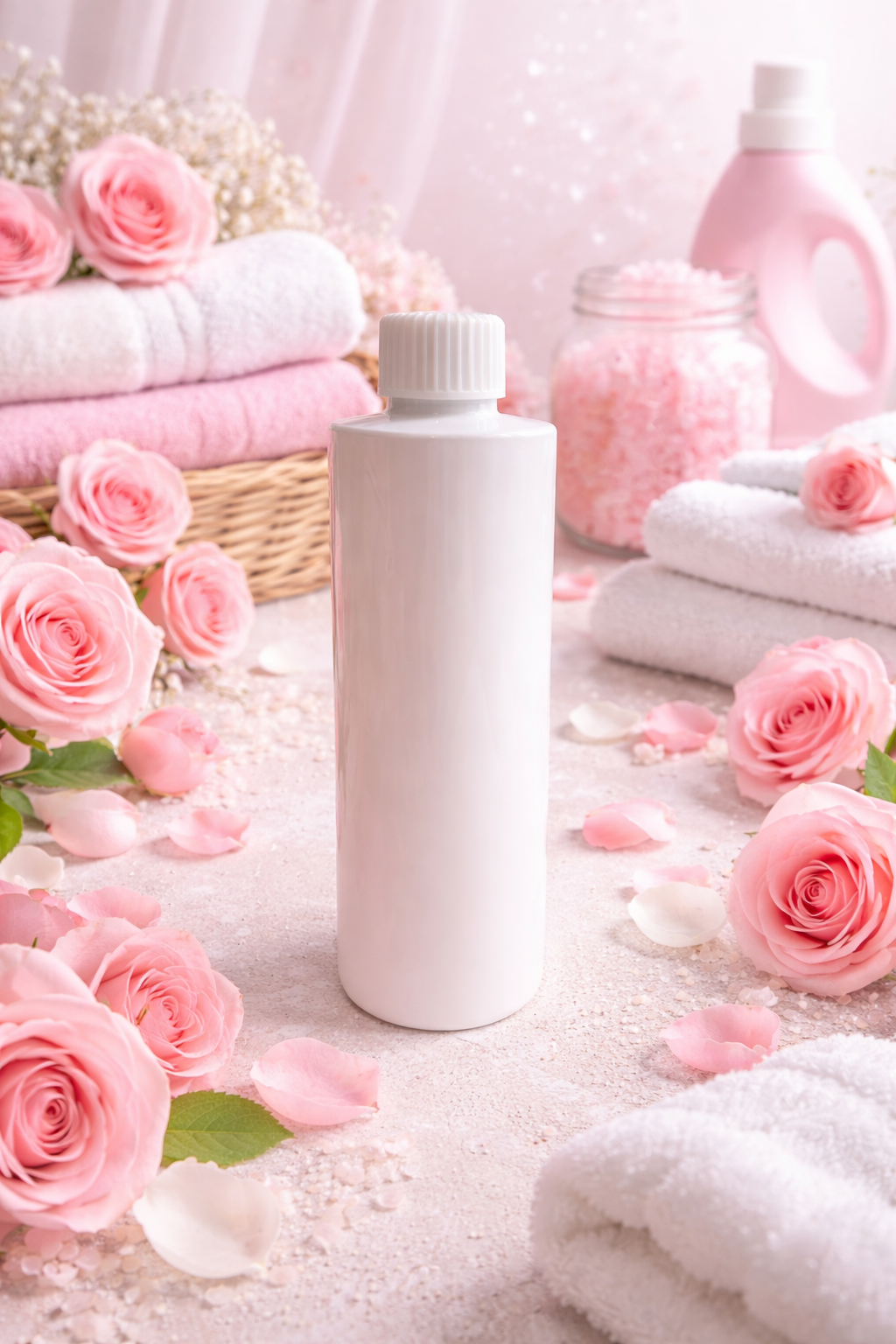 Rose wonderland reed diffuser refill with laundry background.