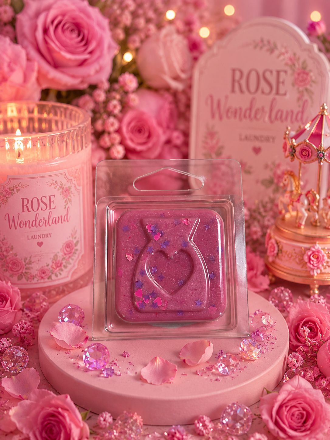 Pink wax melt with heart design in front of a 'Rose Wonderland' candle and decorative setup.