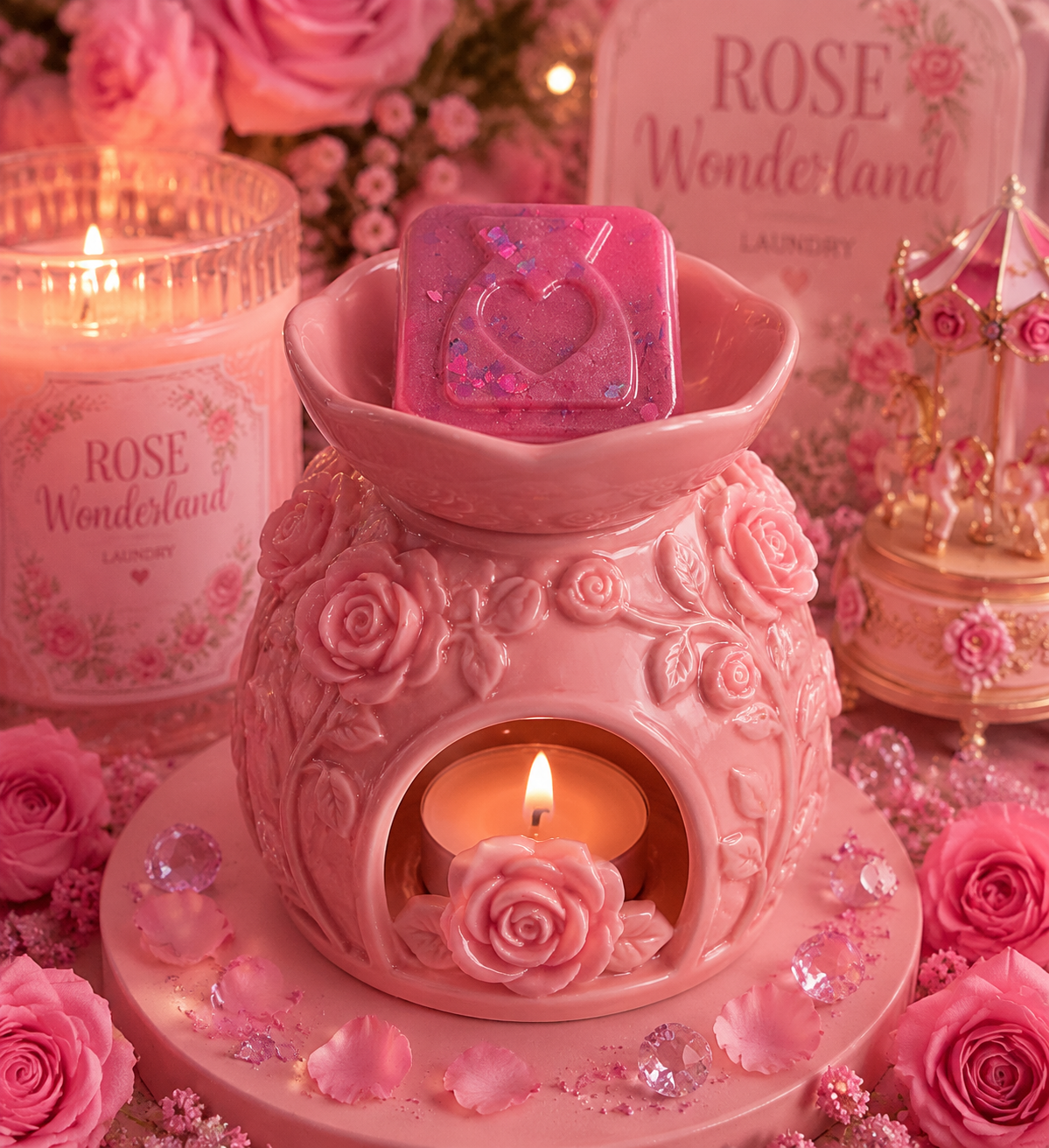 A pink rose-themed wax warmer set with a carved rose-shaped warmer, a bowl holding a pink glittery heart-shaped wax melt, candles, roses, and a 'Rose Wonderland Laundry' sign in the background.