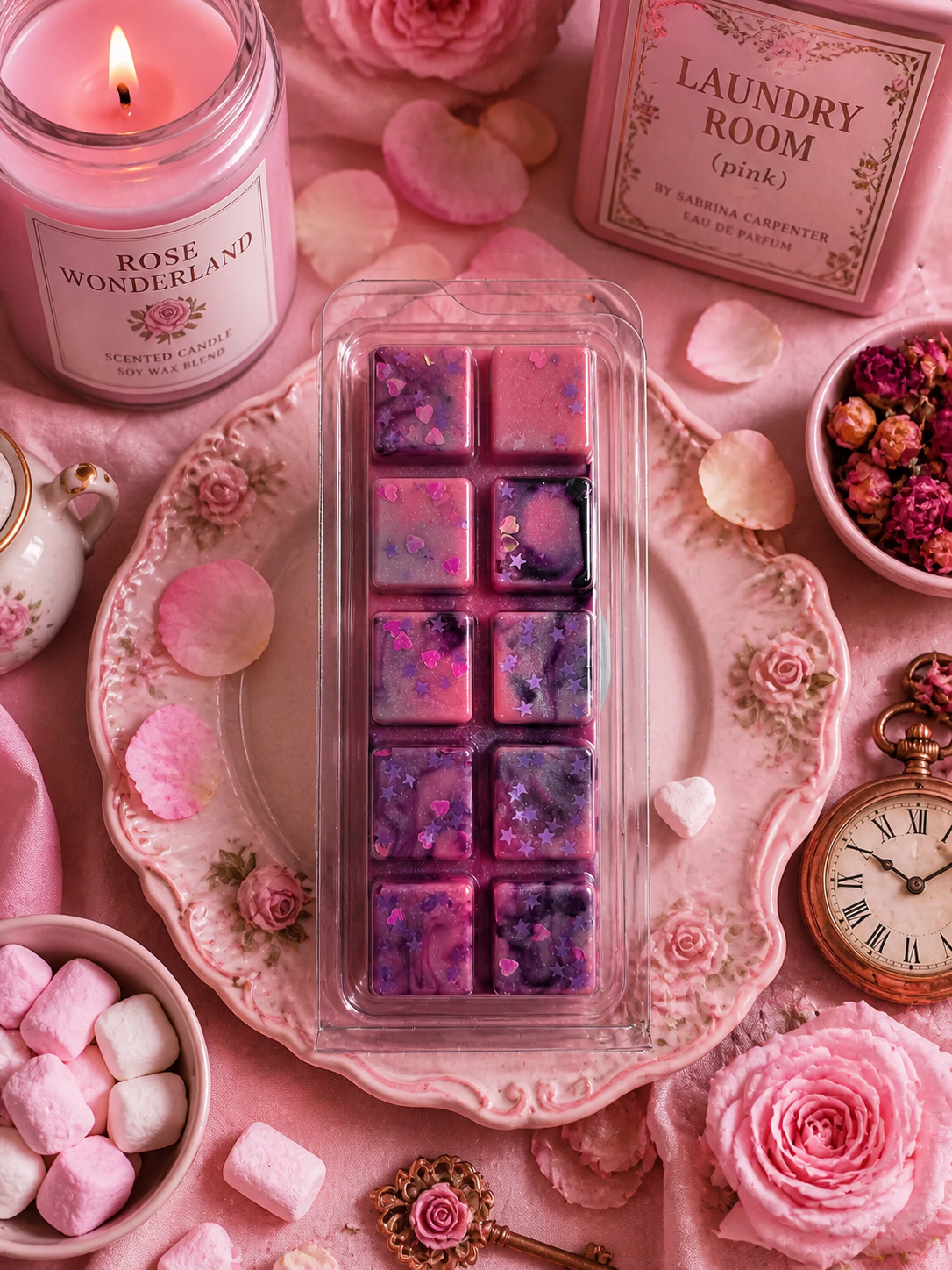 Pink-themed product with wax melts, candles, and decorative items on a pink surface.