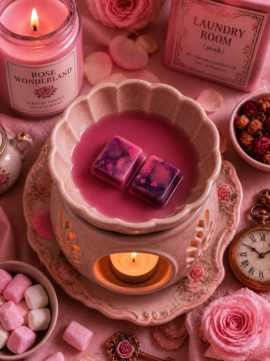 rose wonderland wax melts in wax warmer with rose wonderland theme candle and laundry.