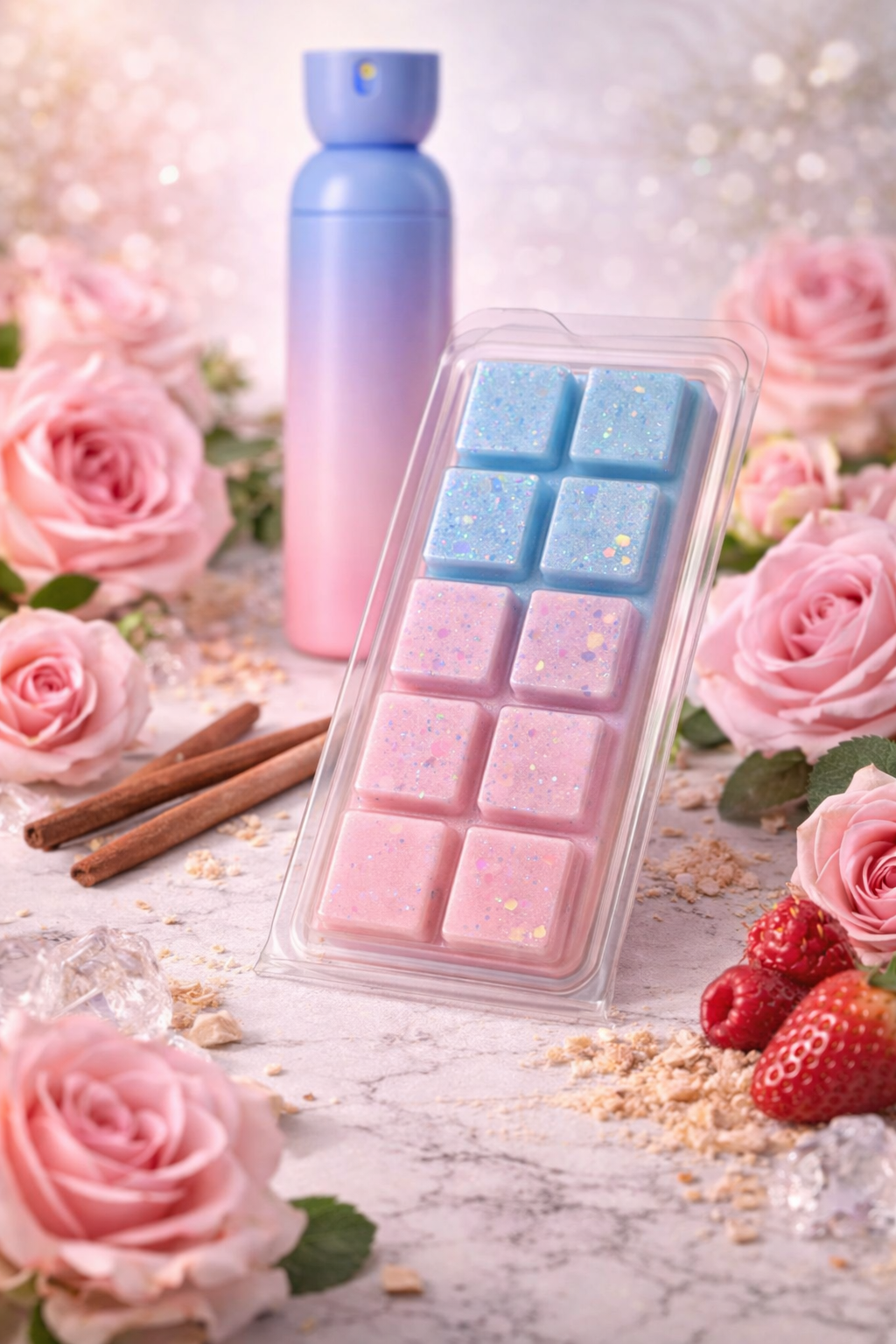 Pink and blue wax melts in a mold with a blue water bottle and pink roses on a marble surface.