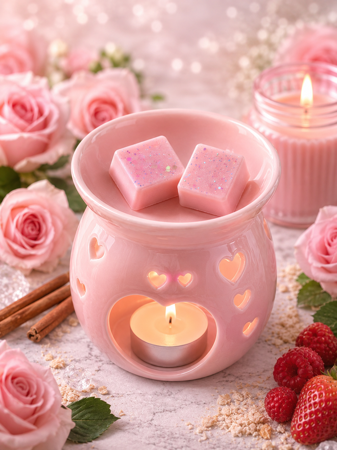 pink wax melts in burner with candle, roses and strawberries in background.