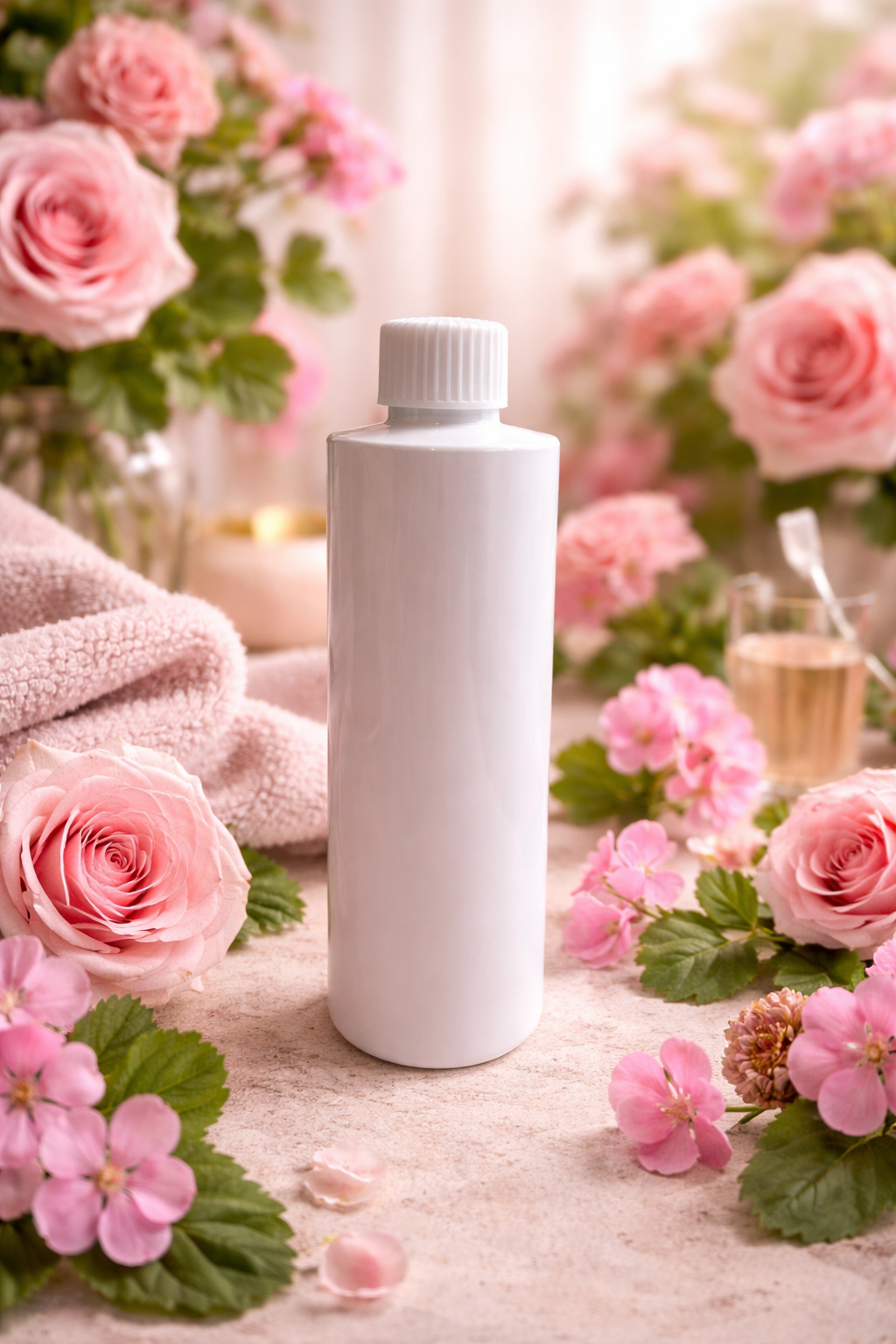 Rosy geranium reed diffuser refill with matching background.