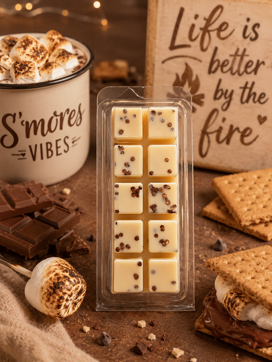 S'mores wax melt bar surrounded by cosy hot chocolate theme.
