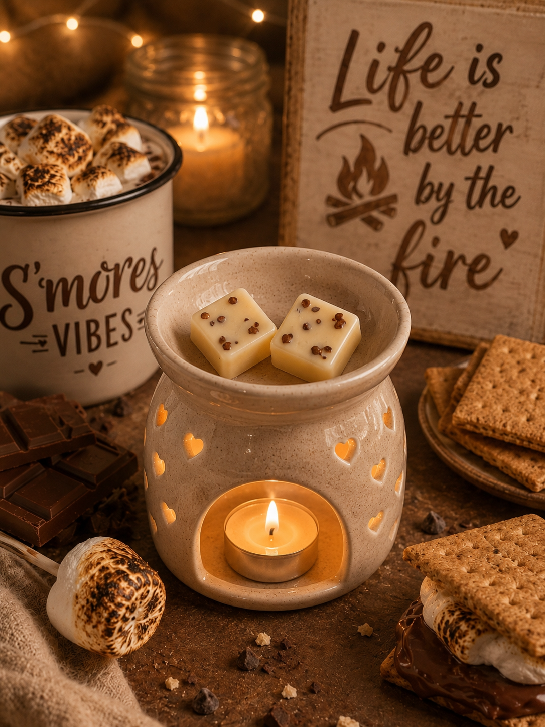 smores wax melts in burner with cosy smores and hot chocolate decor.