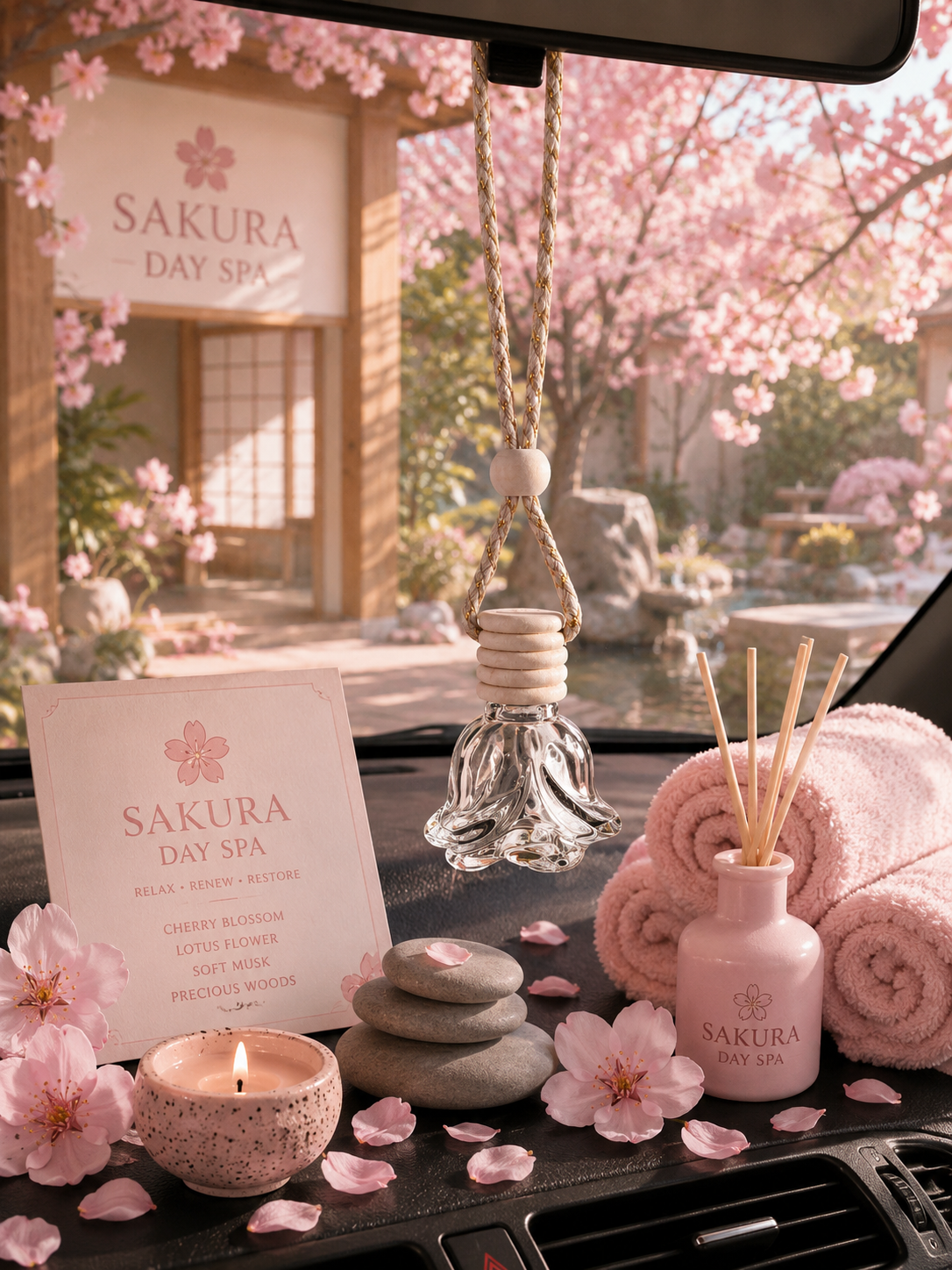 Sakura Day Spa products including car diffuser, candles, stones, and towels with cherry blossoms in the background.