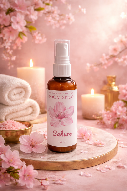 Bottle of Sakura room spray with cherry blossoms and candles in the background