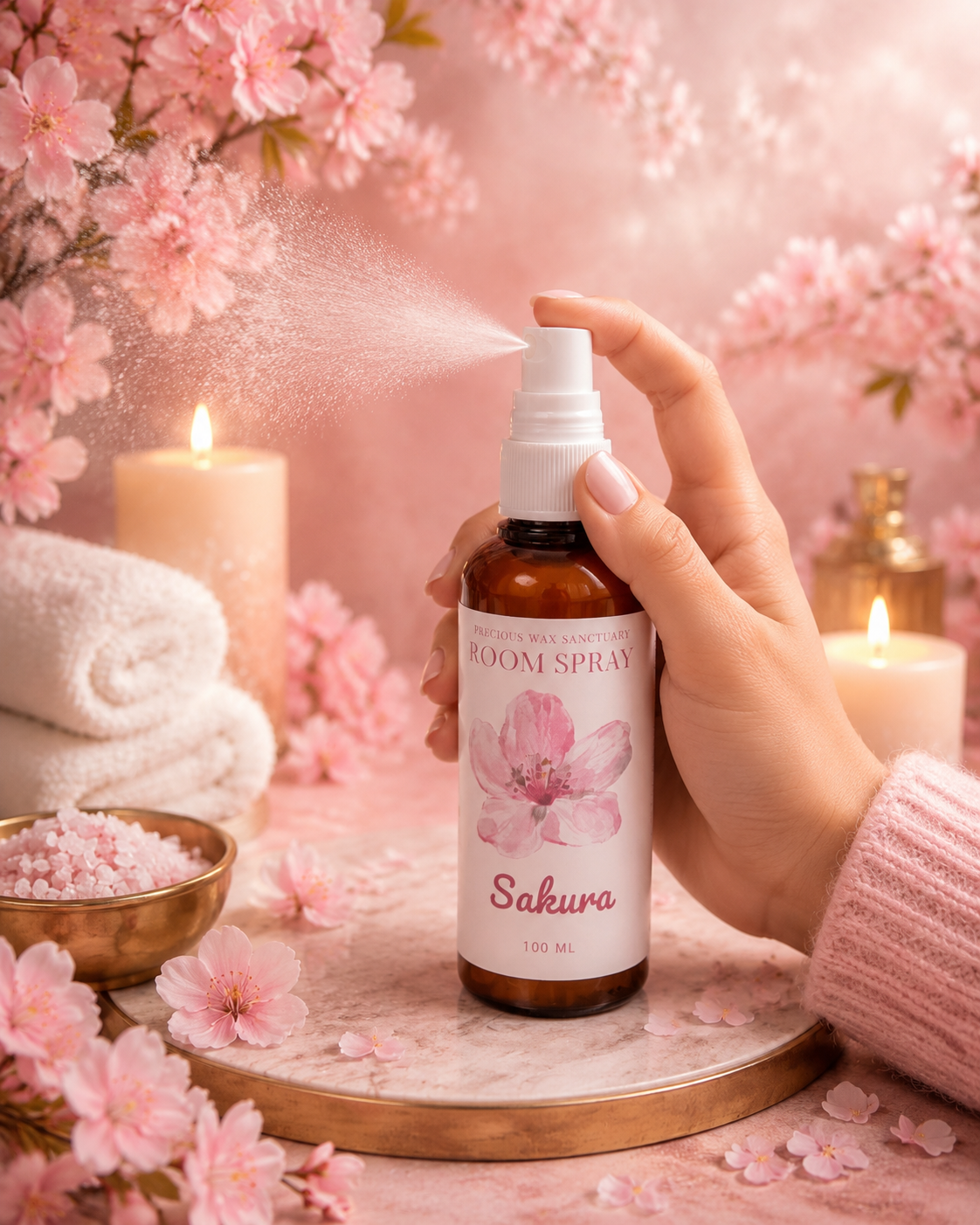 Sakura room spray being spritzed with spa cherry blossom background theme.