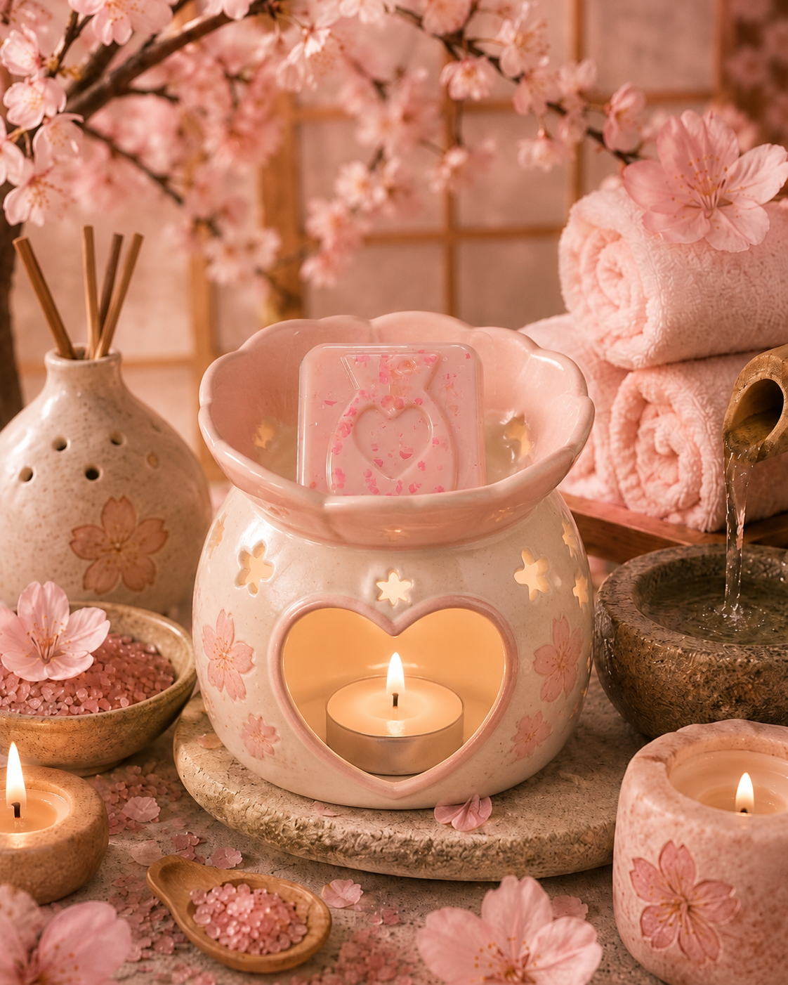 Sakura pink wax melt sample in burner with spa sakura theme.