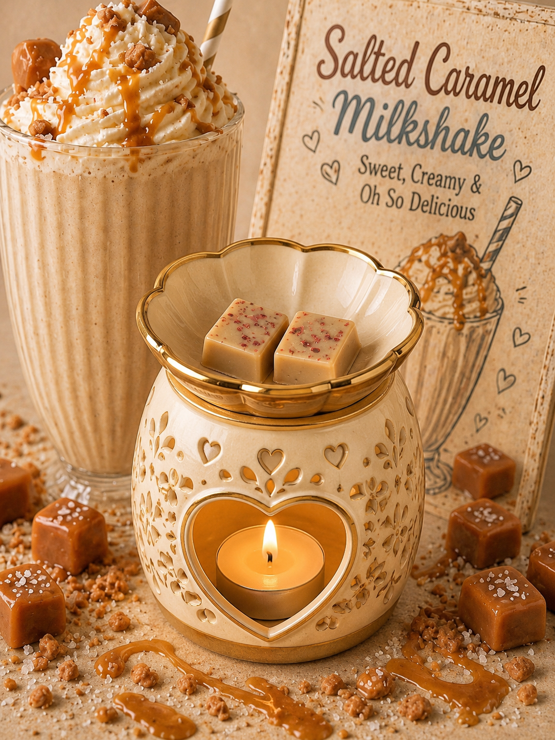 Salted caramel milkshake wax melts in burner with matching background theme.