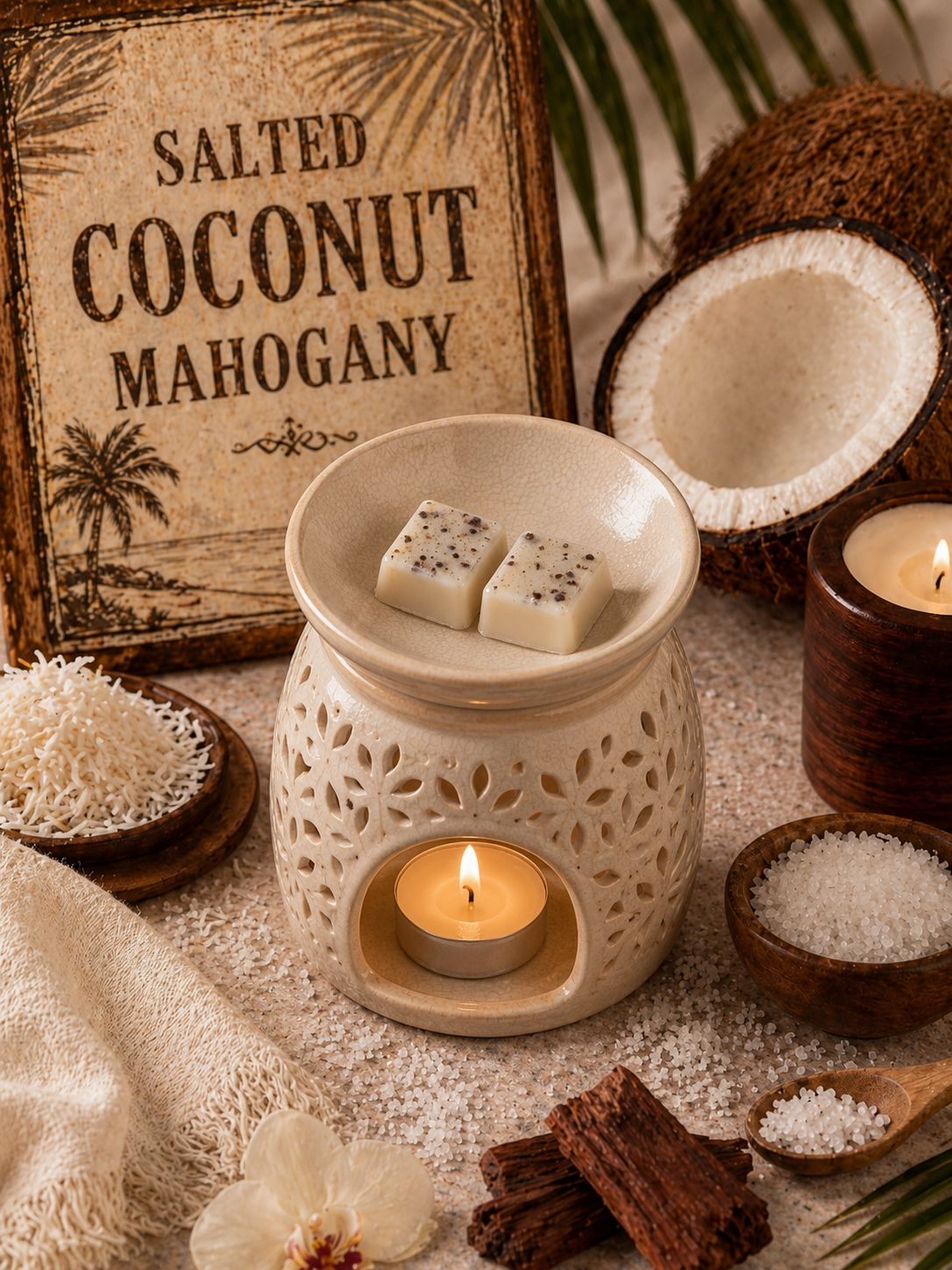 Two rectangular salted coconut mahogany scented wax melts sit in a cream-colored ceramic wax warmer with a lit tealight candle inside, surrounded by coconut halves, bowls of salt, cinnamon sticks, a candle, and a decorative sign reading 'SALTED COCONUT MAGHOGANY'.