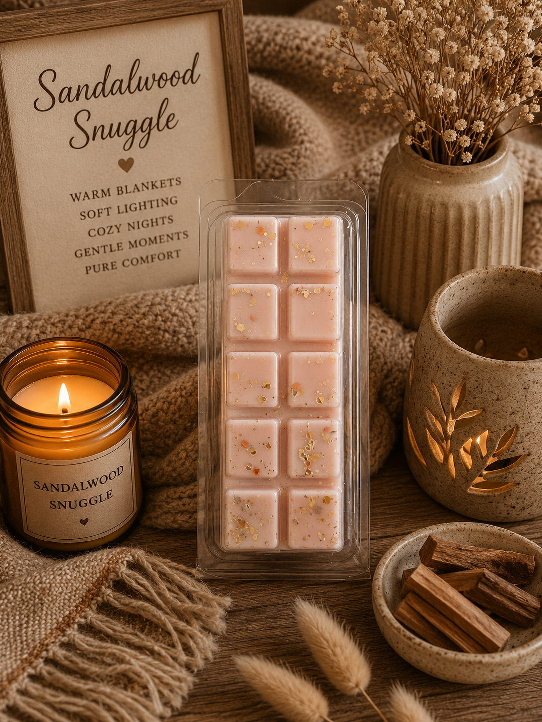 A packaged wax melt bar labeled 'Sandalwood Snuggle' stands on a wooden surface surrounded by cozy props: a lit candle jar, a framed scent card, dried flowers, a ceramic mug, and small wood pieces. No person or animal is present, but this is a styled real-environment tabletop scene rather than a clean studio packshot, so subject_type is Lifestyle.