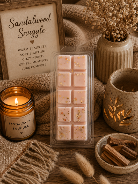 A packaged wax melt bar labeled 'Sandalwood Snuggle' stands on a wooden surface surrounded by cozy props: a lit candle jar, a framed scent card, dried flowers, a ceramic mug, and small wood pieces. No person or animal is present, but this is a styled real-environment tabletop scene rather than a clean studio packshot, so subject_type is Lifestyle.
