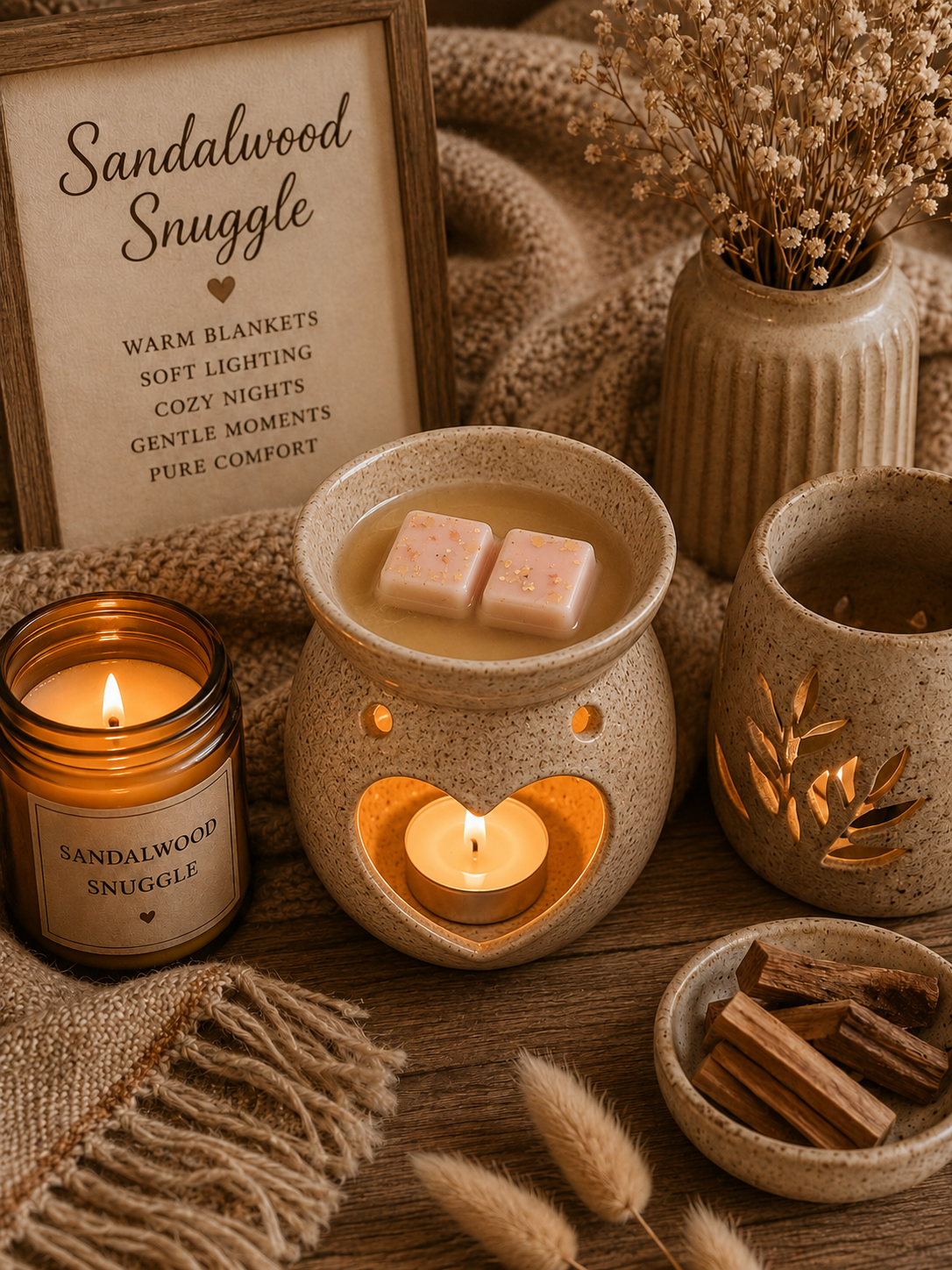 sandalwood snuggle scented wax melts in burner surrounded by cosy decor and candle.