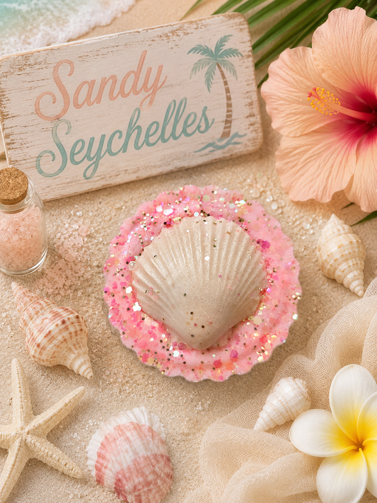 Decorative wax melt shell with pink glitter on sand, surrounded by flowers and a 'Sandy Seychelles' sign.
