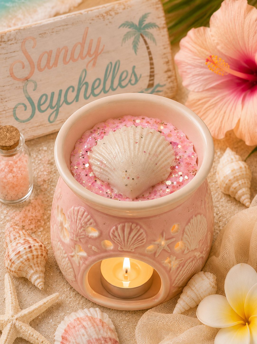 Sandy seychelles wax melt in burner on beach with sand and shells.