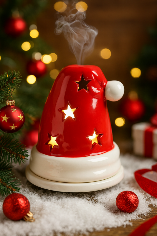 Red Santa hat-shaped incense holder with stars on a festive background with Christmas decorations.