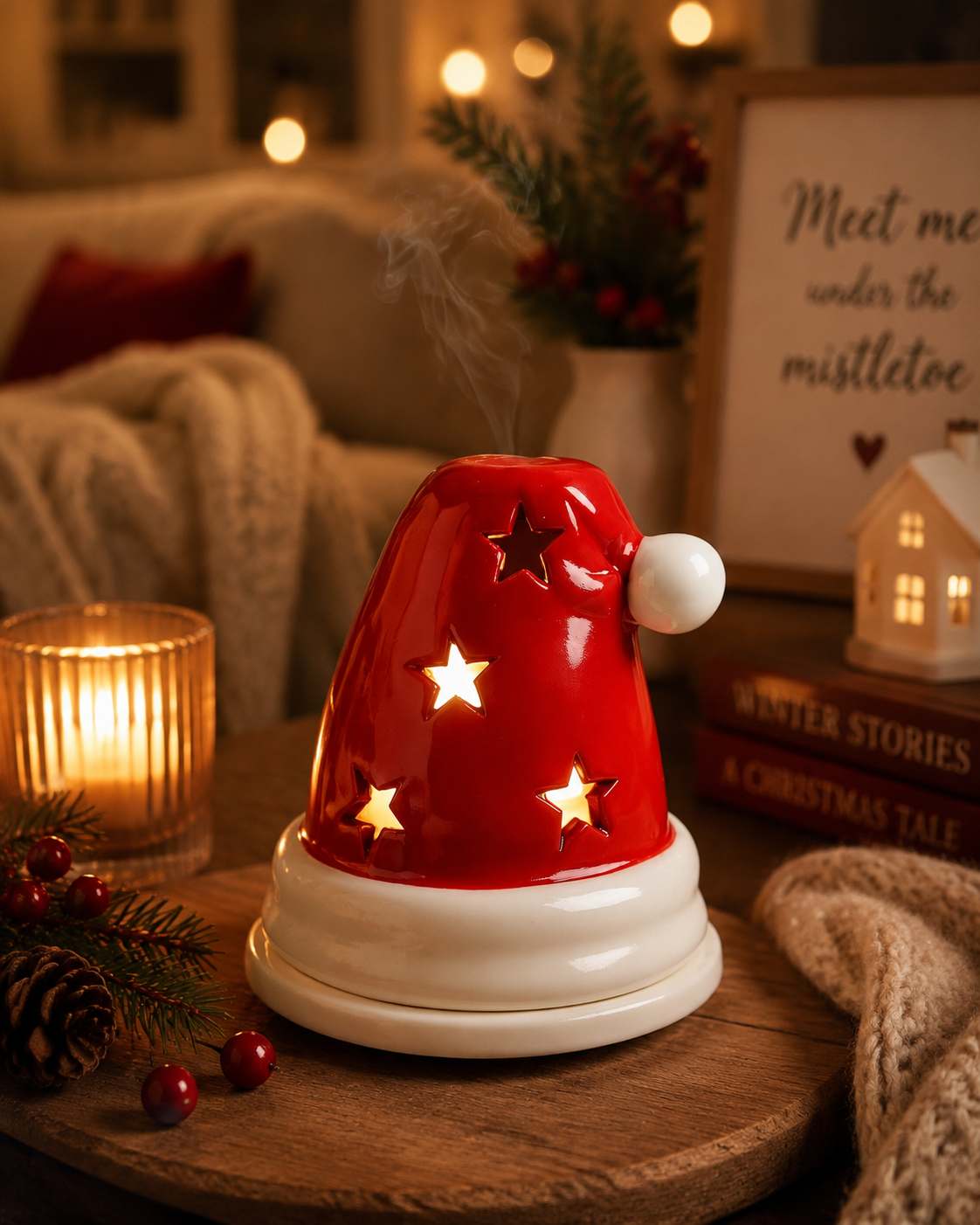 Santa hat incense burner in cosy home 